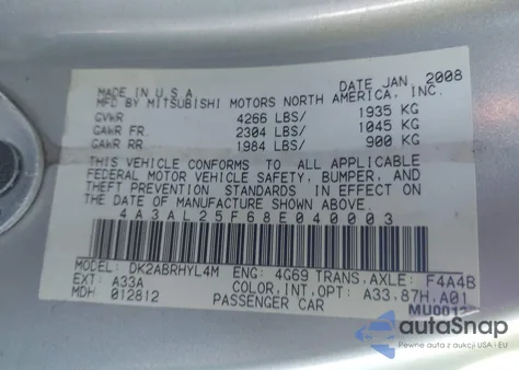 2008 Mitsubishi Eclipse Spyder Gs from USA, damaged, VIN 4A3AL25F68E040003